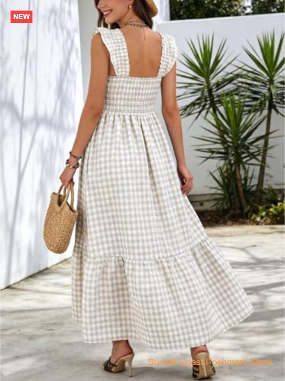 Smocked Maxi Dress Square Neck Ruffle Cap Sleeves Tiered Flowy Gingham Boho - Picture 6 of 6